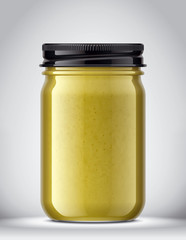 Glass Jar with Mustard on Background. 