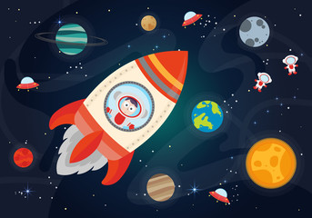 Vector Illustration Of Space. Space flat vector background with rocket, spaceship, moon, Jupiter, satellite, astronaut, planets and stars. © PchelaMajka