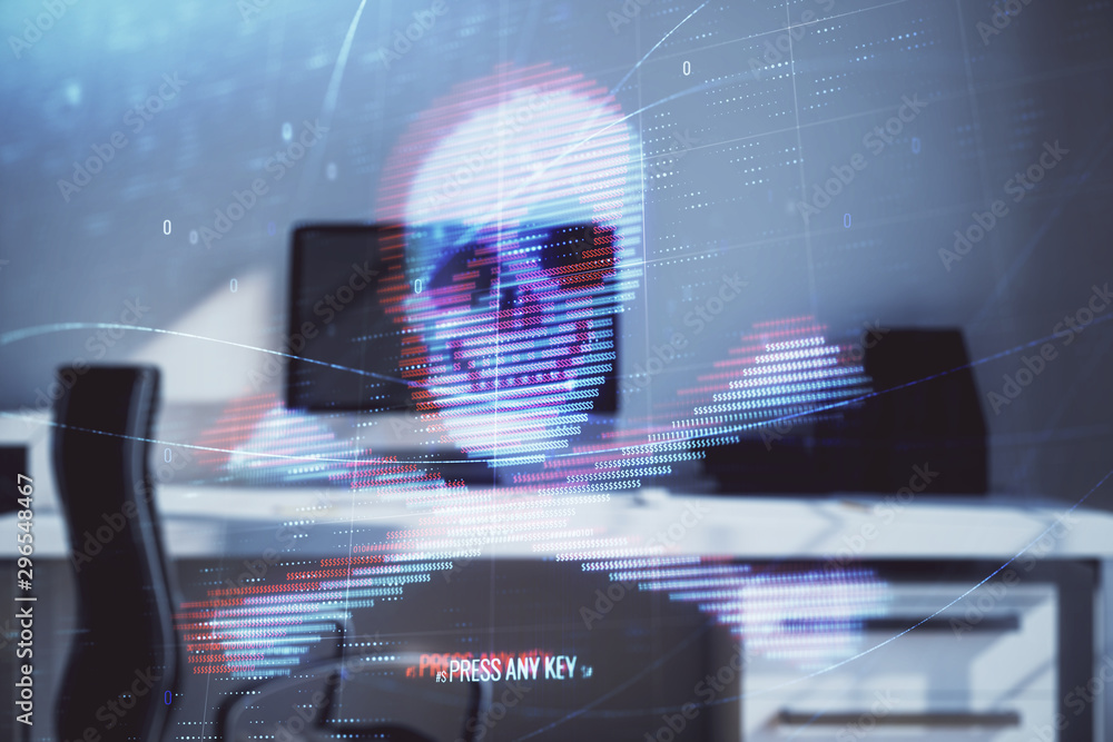Poster hacking theme hologram with desktop office background. double exposure.