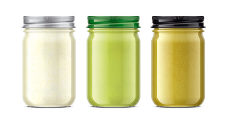 Set of Glass Jar with Sauces, Mustard, Wasabi, Horseradish. 