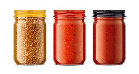 Set of Glass Jar with Sauces, Mustard. 