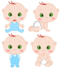 Set with cute baby or toddler boy in differend poses.Crying, sitting, crawling, playing isolated on white background. Cute little baby in diaper with different emotions