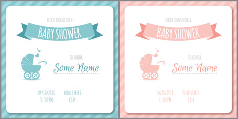 Set of baby shower invitation card babies boy and girl. Baby frame with boy/girl and stickers on light background. It's a boy. It's a girl. - obrazy, fototapety, plakaty