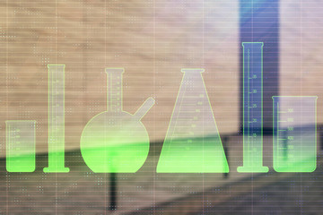 Double exposure of flasks hologram on empty exterior background. Concept of education
