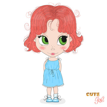 Hand drawn beautiful cute haired girl. Cartoon character. Template for design cards, notebook, shop, poster. The little girl.