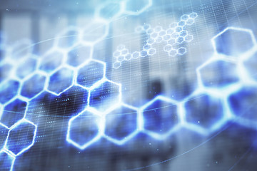 Technology theme drawing with office interior on background. Multi exposure. Concept of innovation