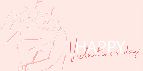 Happy Valentine's day card. Hugging and kissing couple of lovers. Hand drawn and calligraphic design elements. Vector