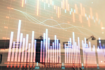 Stock and bond market graph with trading desk bank office interior on background. Multi exposure. Concept of financial analysis