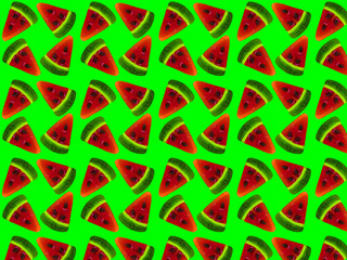  Seamless pattern from slices of watermelon on a green background. Print.