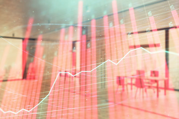 Stock and bond market graph with trading desk bank office interior on background. Multi exposure. Concept of financial analysis