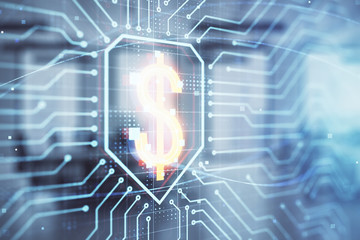 Business theme drawing with office interior background. Double exposure. Concept of success.