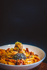 pasta with Beef Ragu Sauce, Rosemary Meatballs, Beef Bacon Bits, Ricotta Cheese, Black Truffle Pate, Sous Vide Egg