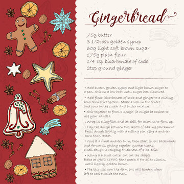 Christmas gingerbread cookie recipe card. icing gingerbread cookie