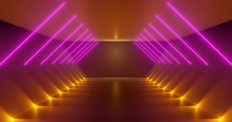 3d rendering. Futuristic glowing corridor or tunnel. Neon scene. Light flare and hatching.