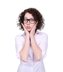 Obraz premium Cute surprised girl with curly hair. Office style