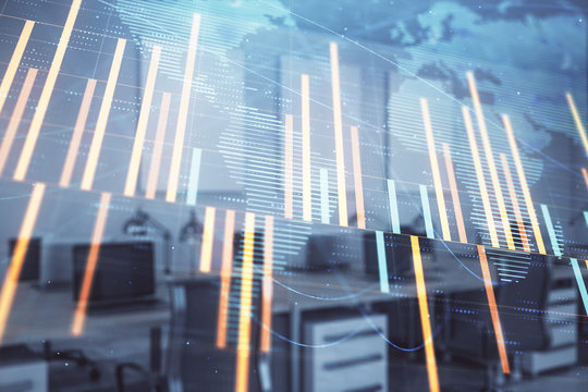 Stock and bond market graph and world map with trading desk bank office interior on background. Multi exposure. Concept of international finance © Andrey