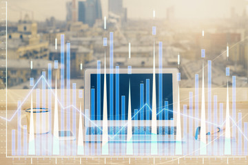Financial market graph hologram and personal computer on background. Multi exposure. Concept of...
