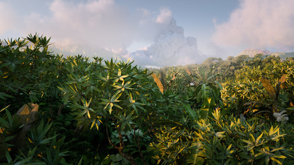 Vibrant  fantasy rainforest in morning light with distant mountains misty and clouds in background. 3d illustration.