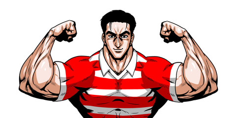 ラガー,ラグビー,スポーツ,日本代表,劇画,漫画,筋肉,ボディビル,マッチョ,ポーズ,正面,白背景,