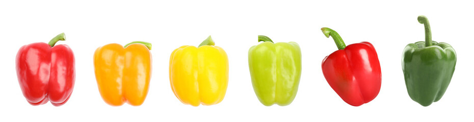 Set of fresh ripe bell peppers on white background