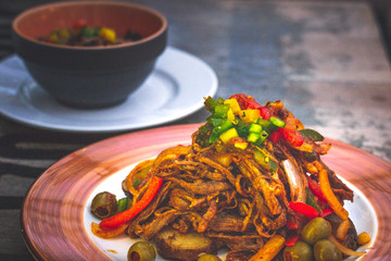 Ropa Vieja Shredded flank steak, vegetable in tomato sauce and Arroz Moro