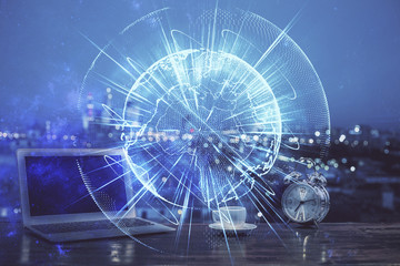 Multi exposure of business theme icons and table with computer background. Concept of success.