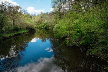 une rivière avec le reflet des nuages.