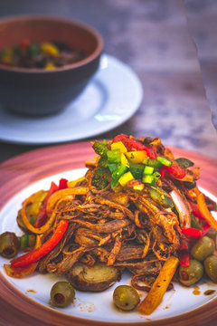 Ropa Vieja Shredded Flank Steak, Vegetable In Tomato Sauce And Arroz Moro