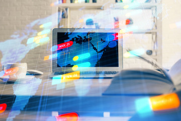 Technology theme drawing and table with computer. Multi exposure. Concept of information.