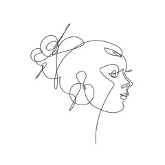 Female face drawn in one line. Continuous line. Vector illustration in a minimalistic style.