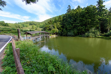 Fototapeta na wymiar 写真素材：弓削神社、内子町、愛媛県、池、橋、風景