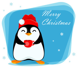 Merry Christmas greeting card with cute penguin