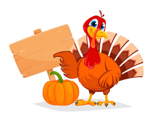 Thanksgiving turkey pointing on wooden blank sign - 296554279
