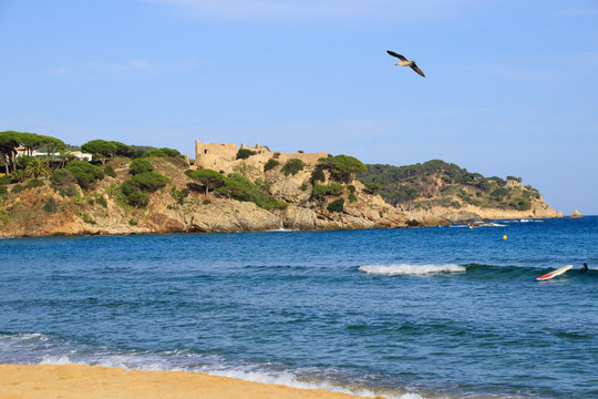 Fosca Bay (Costa Brava) with view to the Castle Saint Esteve de mar, Catalonia - Spain