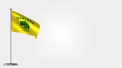 Oakland California 3D waving flag illustration on Flagpole. Perfect for background with space on the right side.