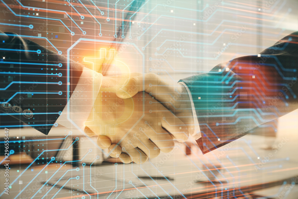 Poster double exposure of blockchain theme drawing on office background with two businessmen handshake. con