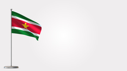Suriname 3D waving flag illustration on Flagpole. Perfect for background with space on the right side.