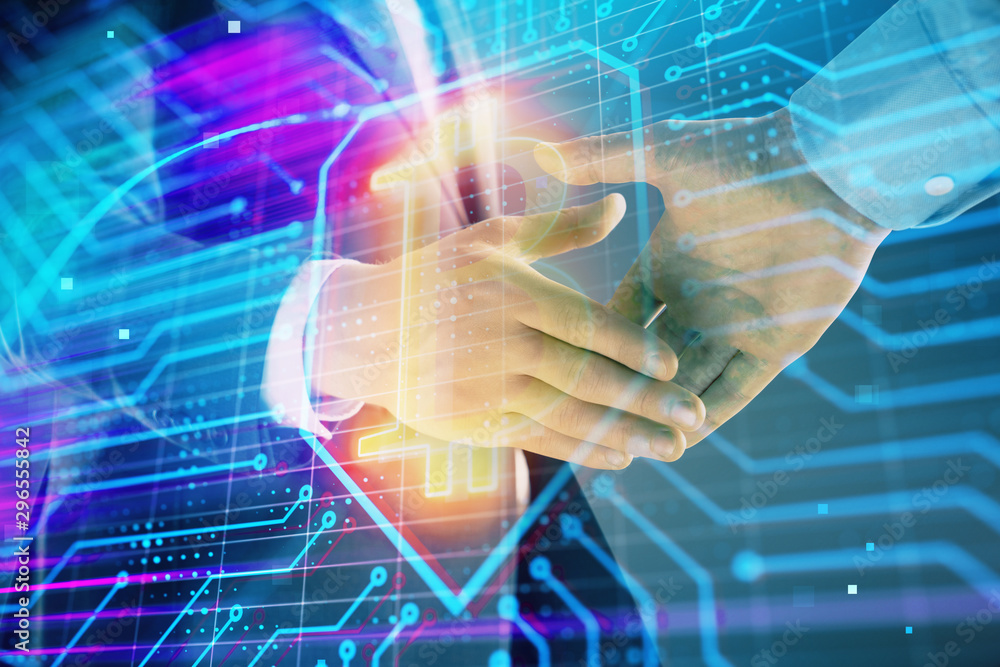 Poster multi exposure of bitcoin sign on abstract background with two men handshake. concept of cryptocurre