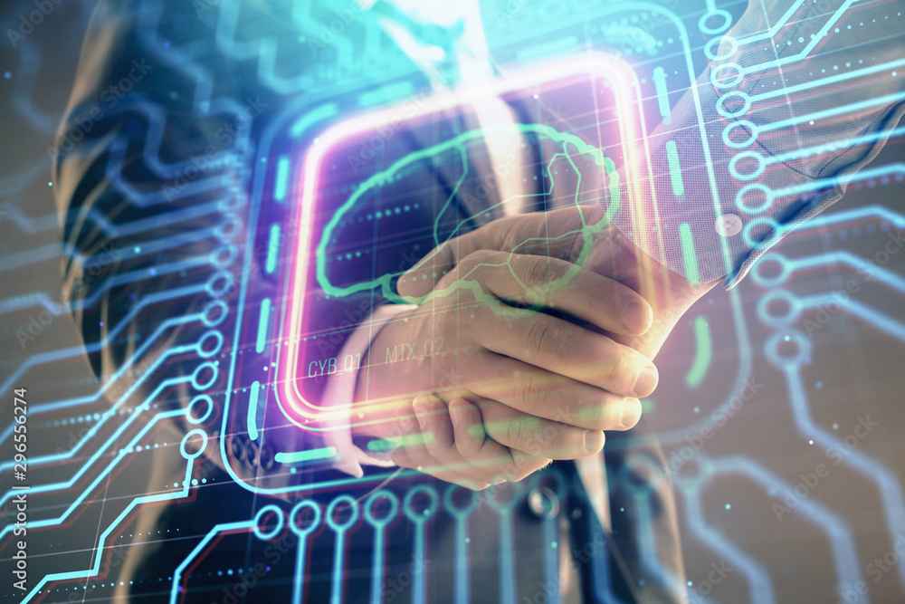 Poster multi exposure of human brain drawing on abstract background with two men handshake. concept of data