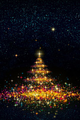 Colorful Christmas tree isolated on stars sky background.