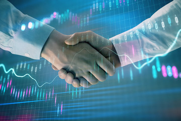 Multi exposure of forex graph on abstract background with two businessmen handshake. Concept of success on stock market