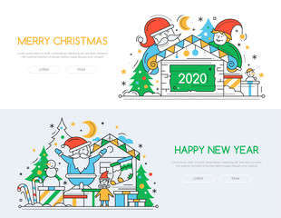 Christmas and New Year line design style vector banners