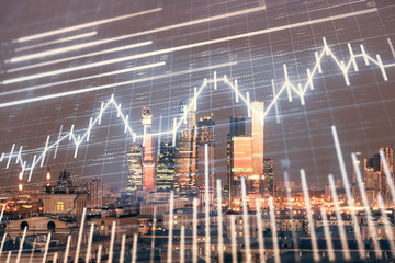 Multi exposure of financial chart on Moscow city downtown background. Concept of stock market analysis