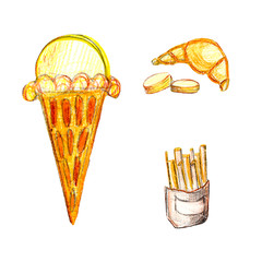 Watercolor sketch set of fresh baking sweets croissant pastry. Jam, ice cream, cake, pie, bakery. Good morning, holiday, celebration