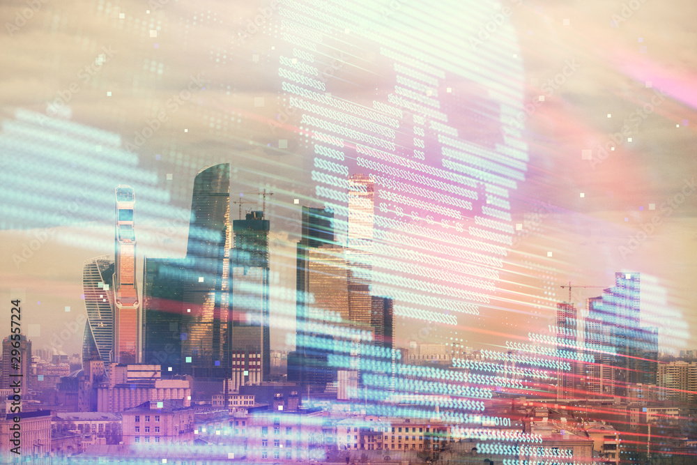 Poster double exposure of hacking theme drawing hologram on cityscape background. concept of data cyber pir