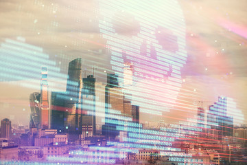Double exposure of hacking theme drawing hologram on cityscape background. Concept of data cyber piracy