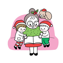 Cartoon cute Christmas grandmother and kids reading book vector.