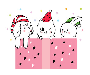 Cartoon cute Christmas, Dog and cat and rabbit and big gift vector.