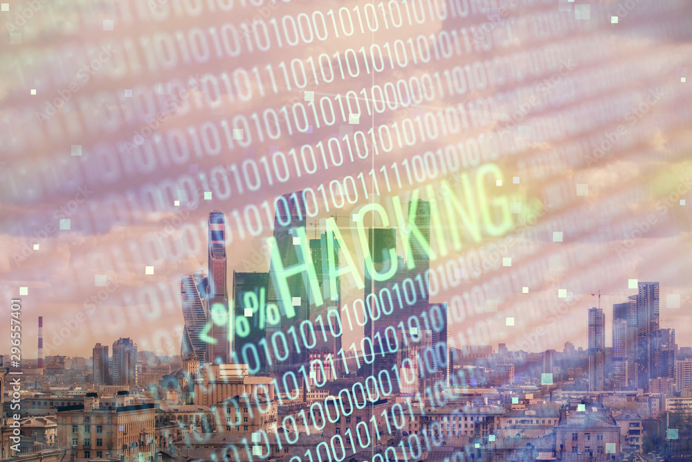 Poster double exposure of hacking theme drawing hologram on cityscape background. concept of data cyber pir