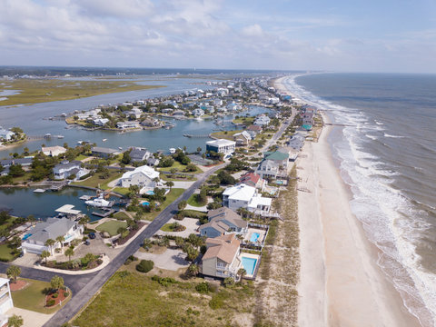 Aerial view of Garden City Beach and Surfside Beach along the Atlantic coast of South Carolina.